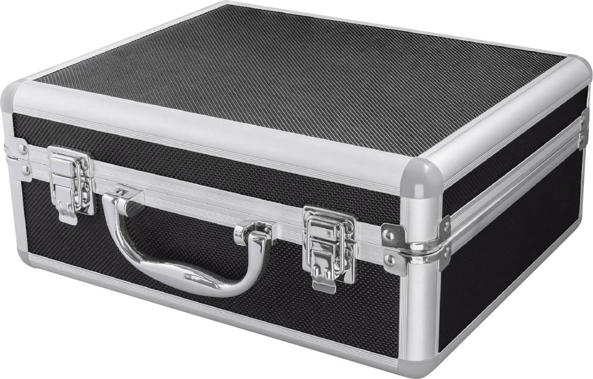 Valise en aluminium argenté et noir avec poignée de transport et fermetures, fermée.