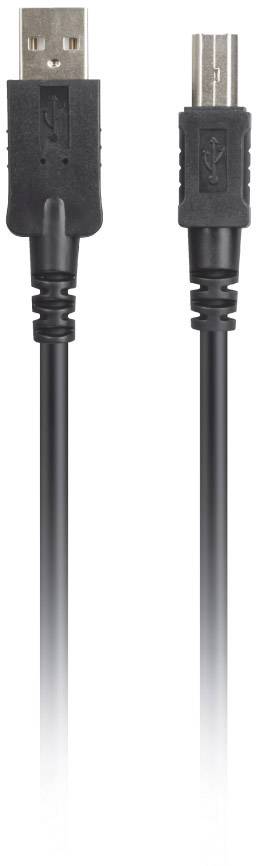 Câble USB avec fiches USB-A et USB-B, noir, sur fond blanc. Adapté pour la connexion d'imprimantes ou de scanners.