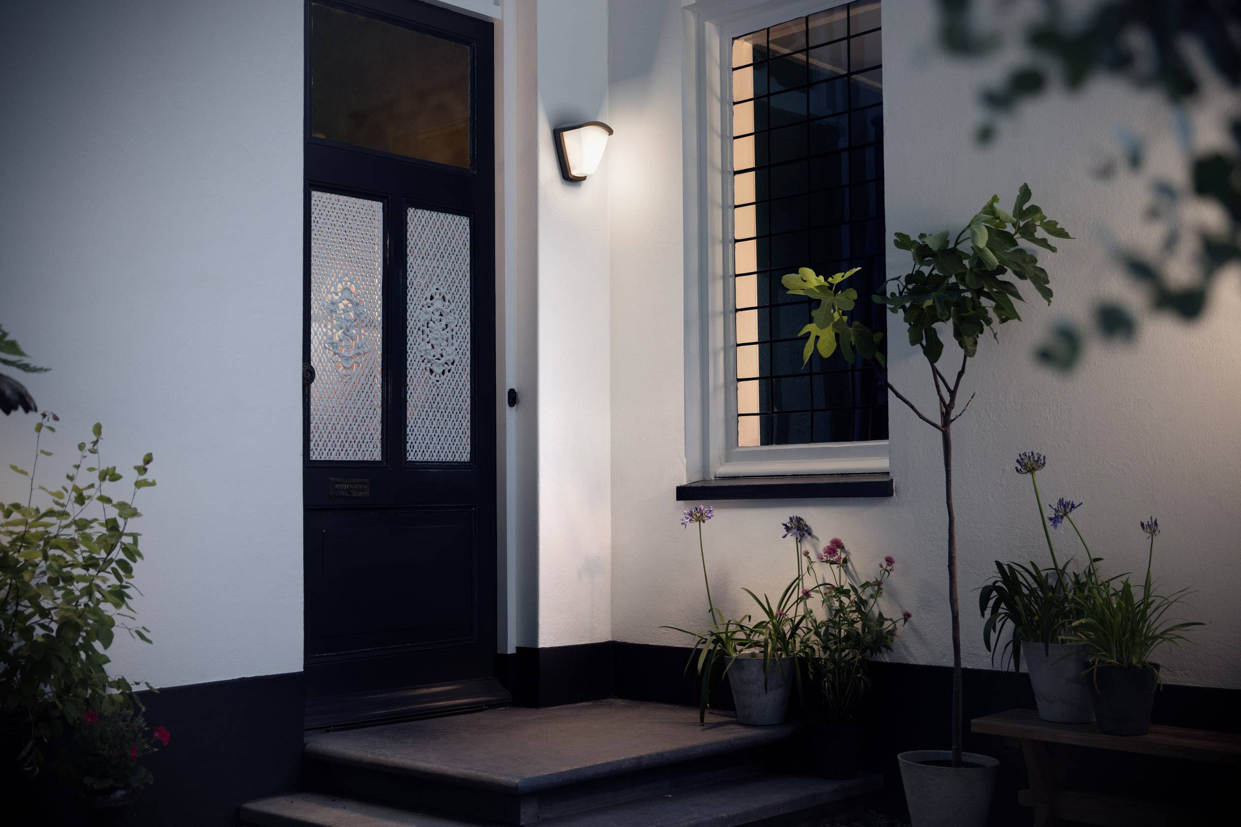Vue de face d'une entrée de maison la nuit, éclairée par une lampe extérieure. Des plantes en pots encadrent la porte en bois sombre.