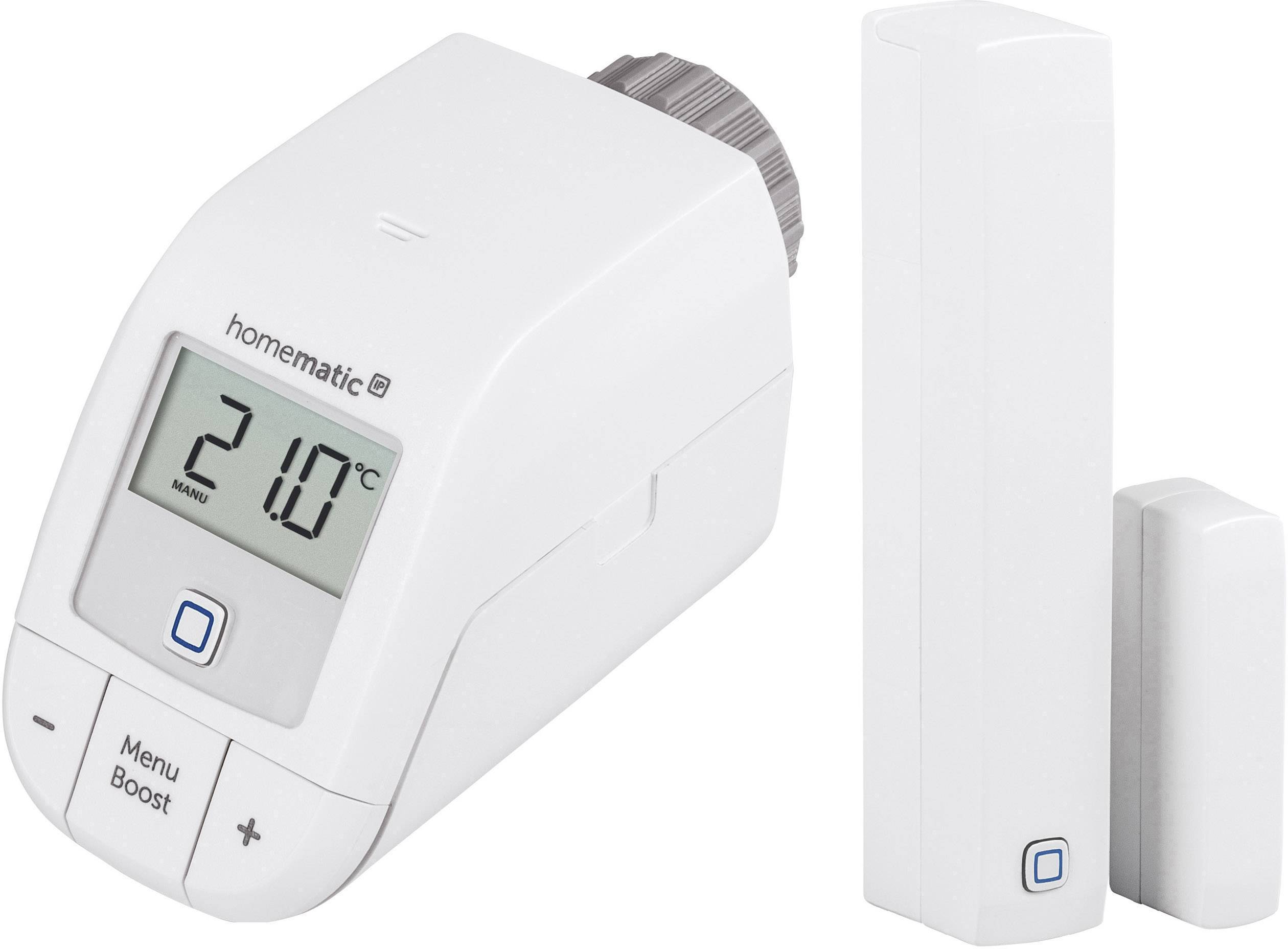 L'image montre un thermostat intelligent pour radiateur avec un affichage numérique indiquant une température de 21°C, ainsi qu'un capteur de porte/fenêtre.