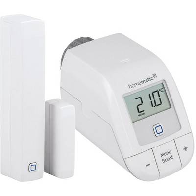 Un thermostat de radiateur intelligent avec affichage indique 21,0 degrés Celsius. À côté se trouvent deux capteurs blancs.
