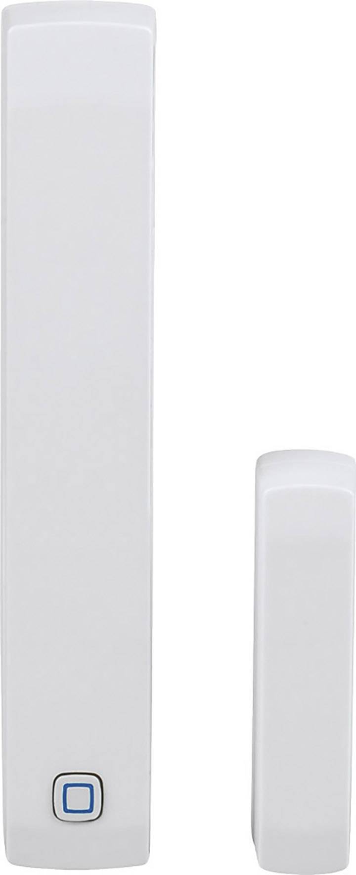 Deux capteurs rectangulaires blancs, l'un plus grand avec un bouton bleu, l'autre plus petit, probablement destinés aux portes ou aux fenêtres.