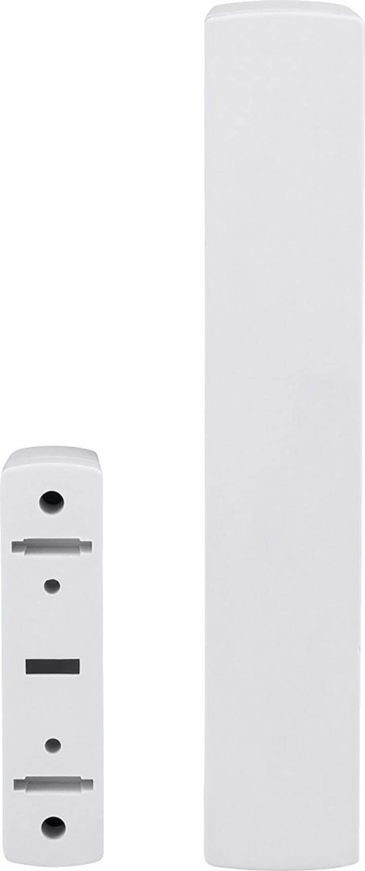Deux pièces en plastique blanc rectangulaires côte à côte. À gauche, une petite pièce plus courte avec plusieurs ouvertures, à droite, une pièce plus longue et lisse.
