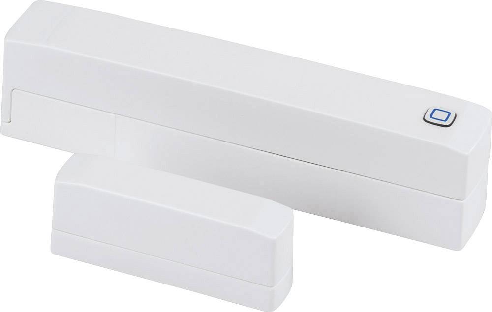 Un capteur de contact blanc pour porte ou fenêtre, composé de deux parties magnétiques, utilisé pour surveiller les ouvertures.