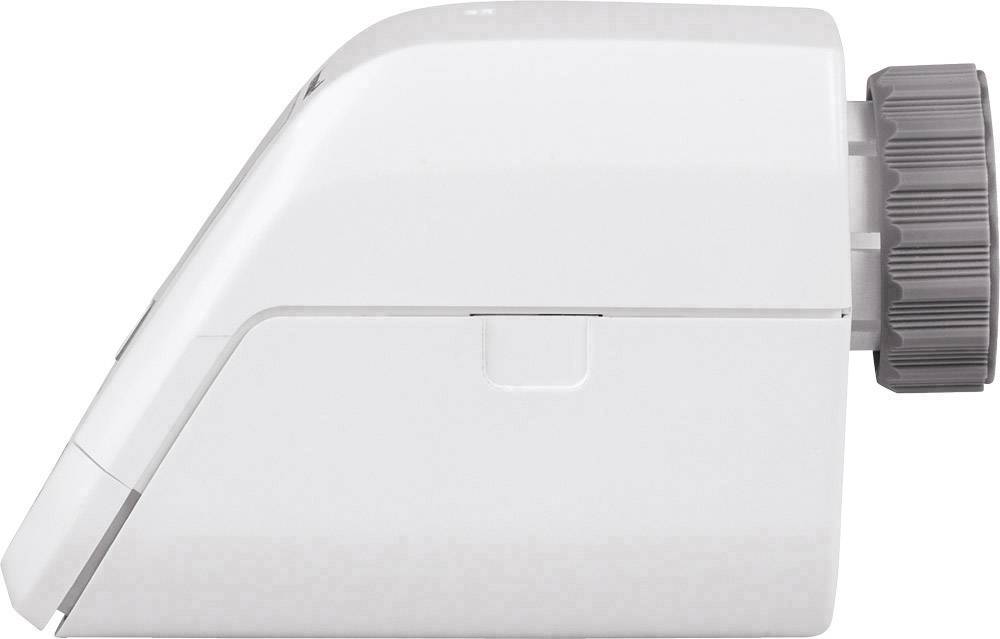 Vue latérale d'un thermostat électronique blanc pour radiateur, avec un bouton de réglage gris sur la droite.