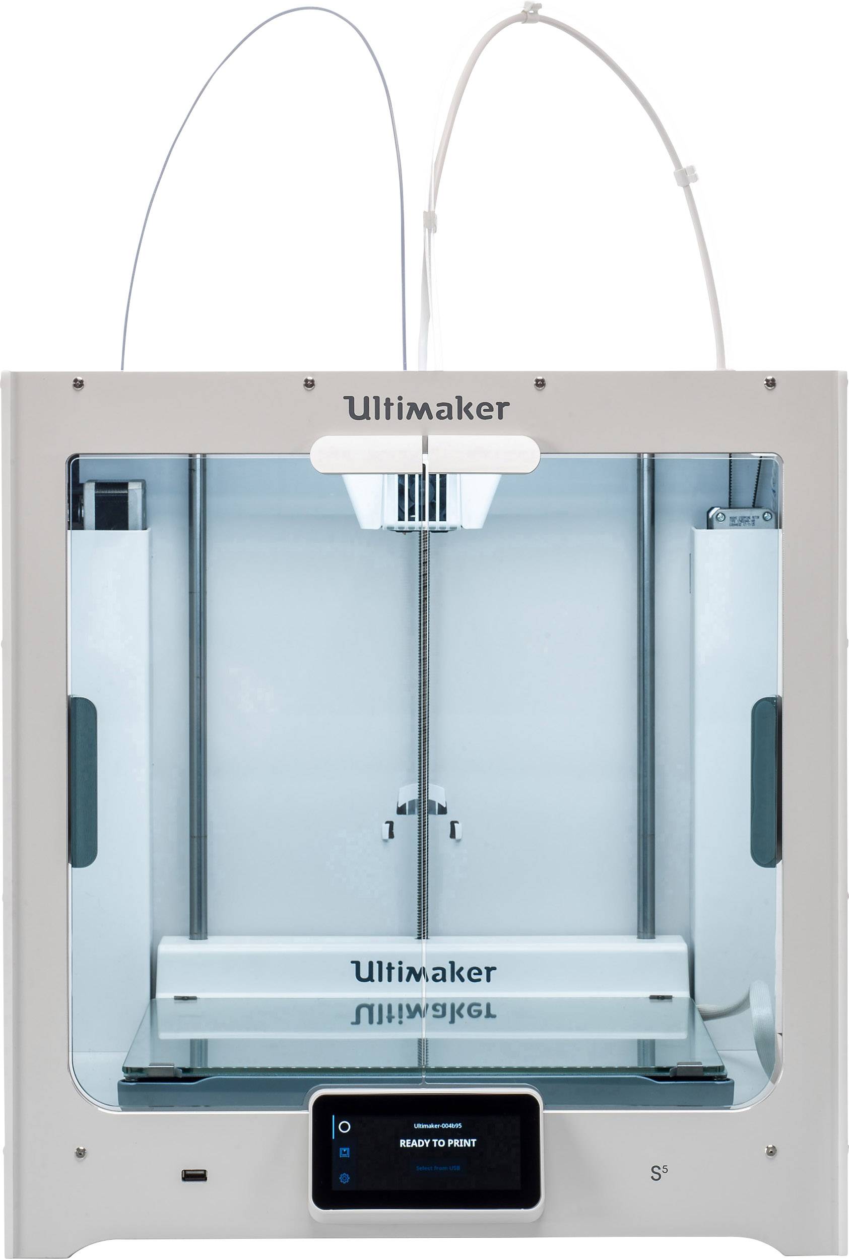Imprimante 3D Ultimaker avec boîtier fermé et écran affichant 'Ready to Print'.
