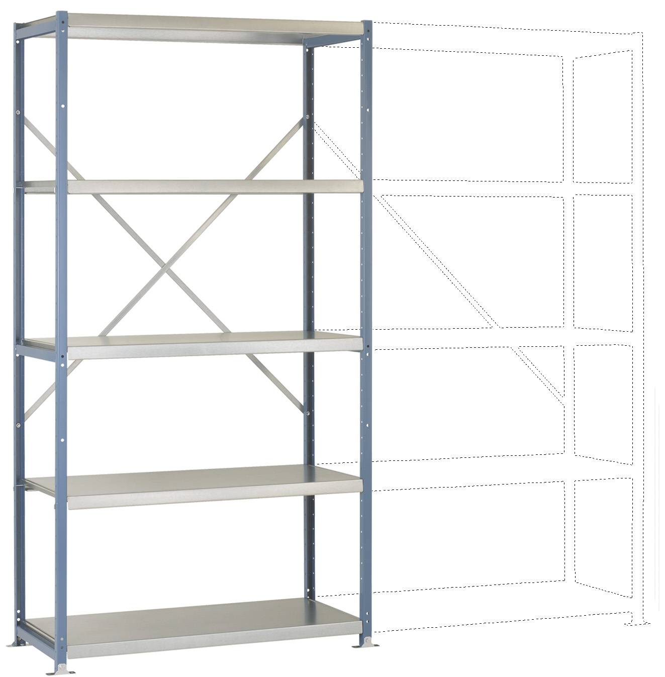 Système d'étagères métallique à quatre niveaux à gauche, avec un contour pointillé pour une extension à droite. Idéal pour le stockage au bureau ou à la cave.