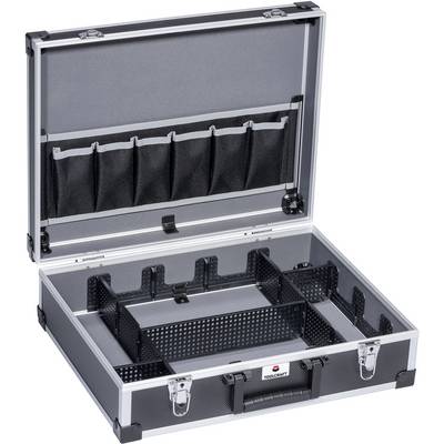 Boîte à outils ouverte avec compartiments et filet de rangement dans le couvercle.