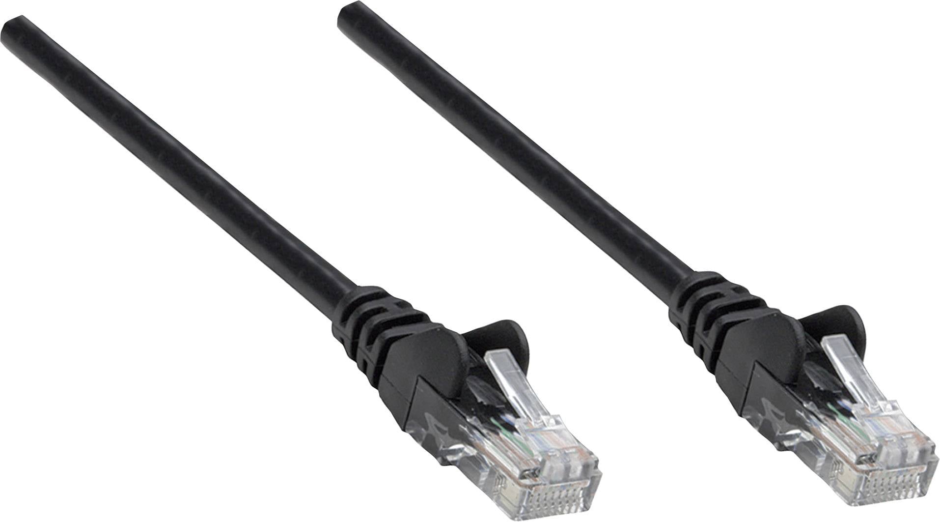Deux câbles Ethernet noirs avec des connecteurs RJ45 pointent dans la même direction.