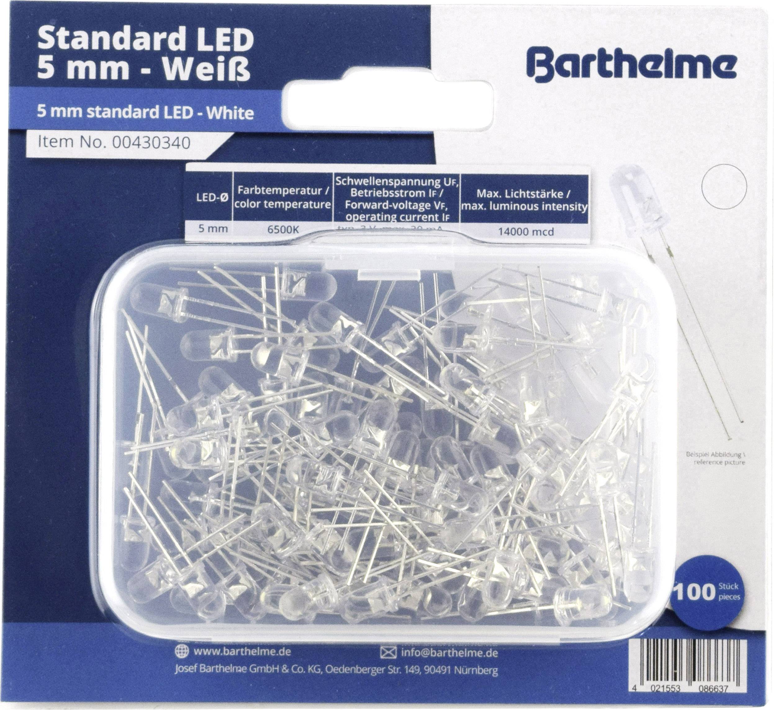 Barthelme Assortiment de LEDs blanc froid rond 5 mm 14000 mcd 35 ° 20 mA 3 V