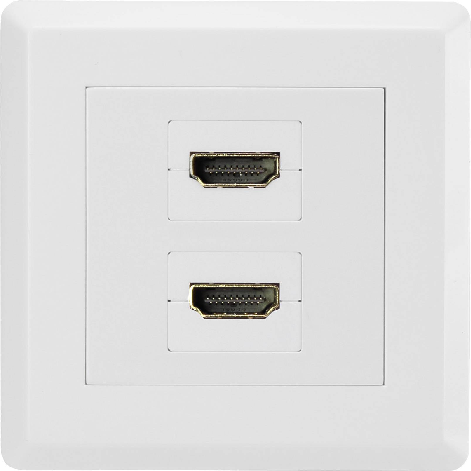 Deux ports HDMI dans une prise murale blanche.