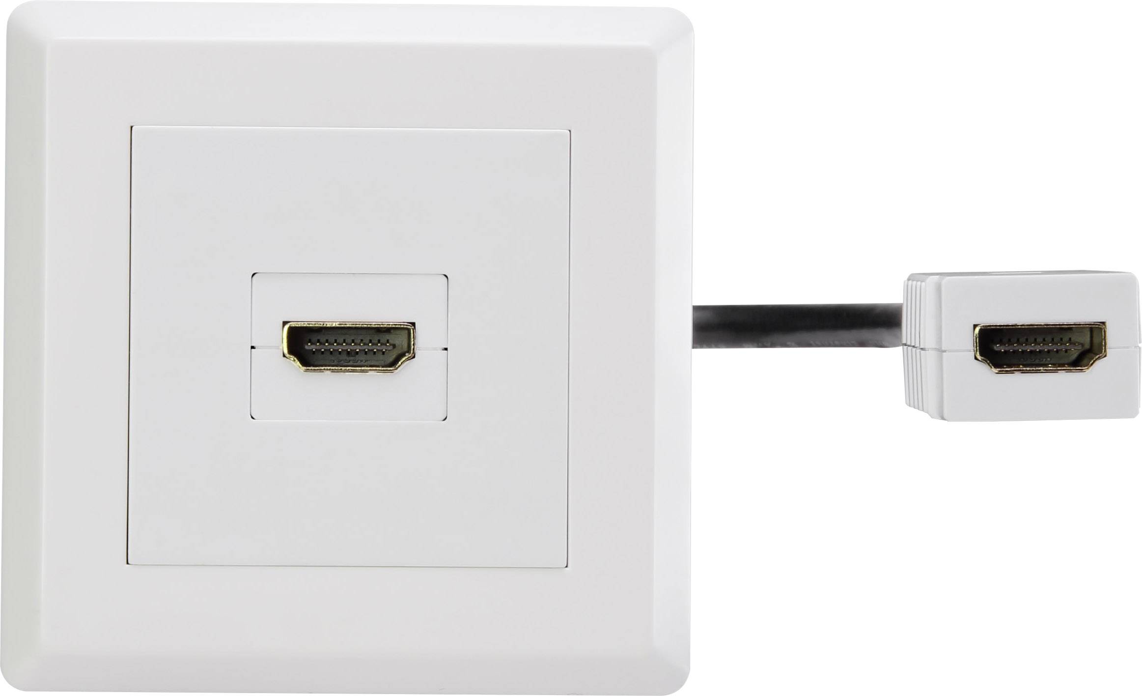 Prise HDMI blanche avec un câble HDMI noir sortant sur le côté.