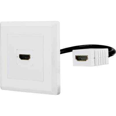 Une prise murale HDMI blanche avec un câble HDMI noir connecté.