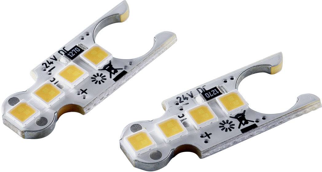Deux modules de bande lumineuse à LED, chacun composé de quatre diodes électroluminescentes jaunes sur un circuit imprimé argenté.