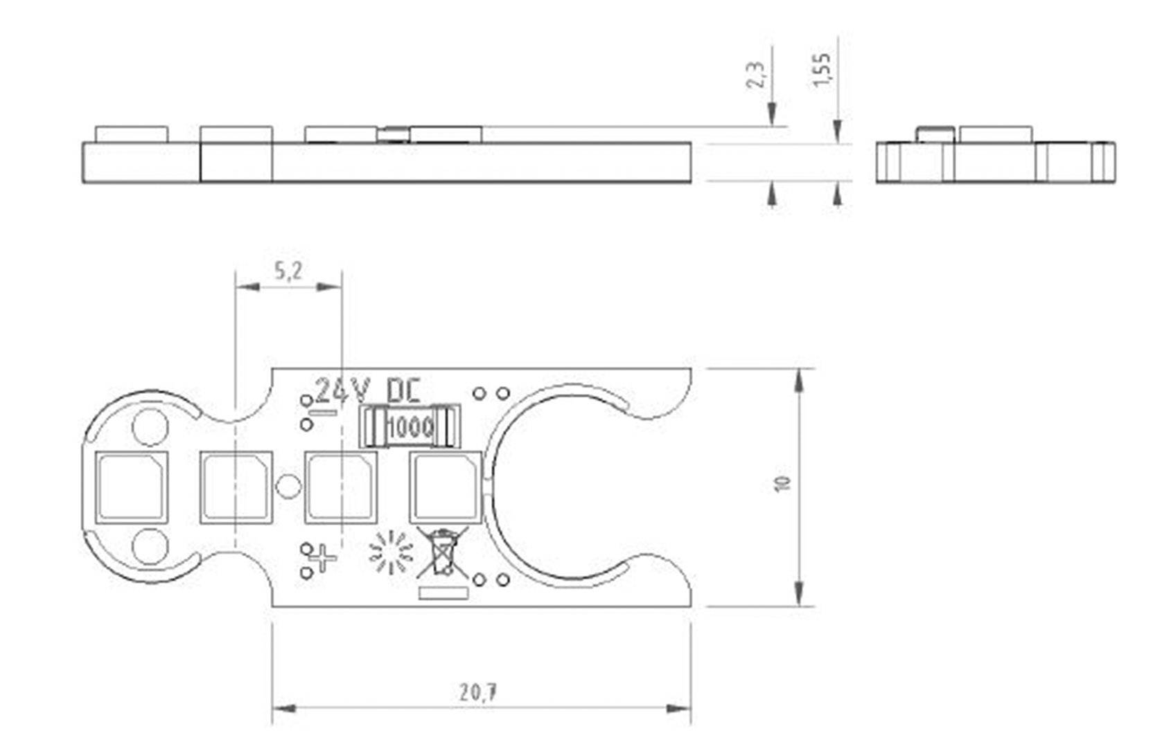 Dessin technique avec dimensions d'un composant électronique. Vue latérale en haut ; vue de dessus en bas. Dimensions indiquées en mm.