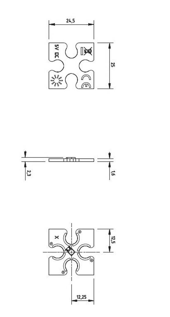 Dessin technique d'une pièce mécanique avec dimensions. En haut : Vue détaillée des évidements et des symboles. Sur le côté : Vue de profil. En bas : Vue de dessus de l'ancrage.