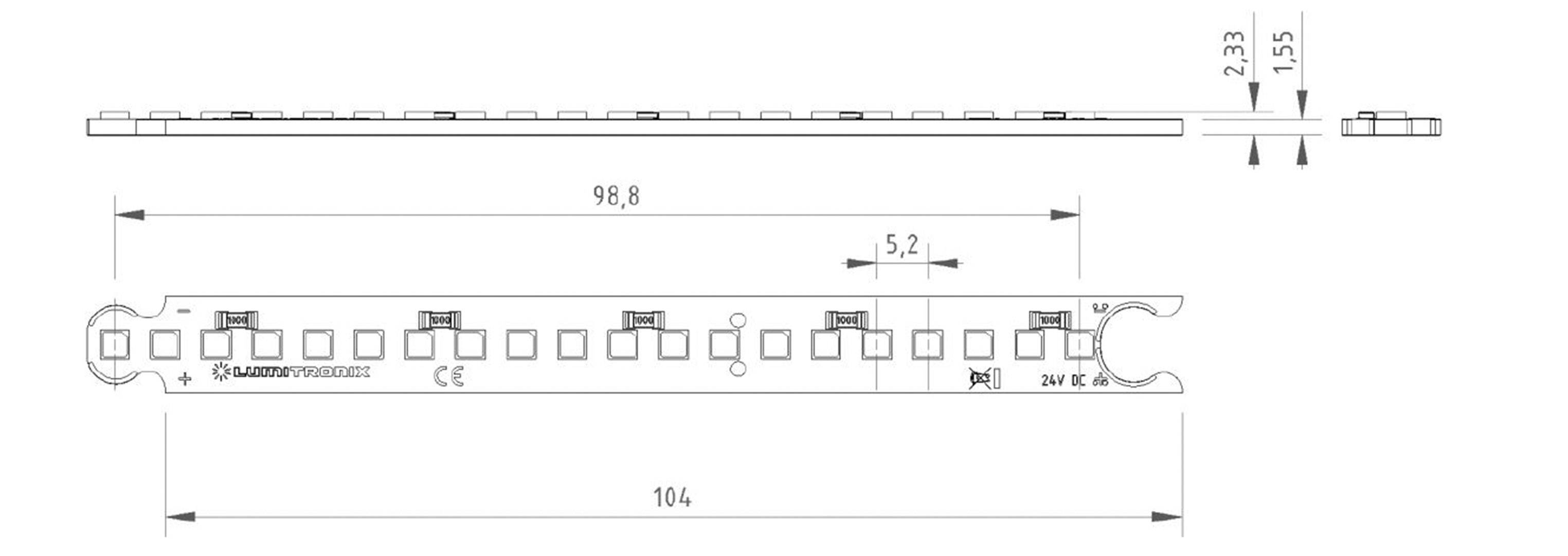 Dessin technique d'un circuit imprimé LED 'LD-A047T020-24V', dimensions : longueur 104 mm, largeur 5,2 mm, hauteur 2,33 mm.