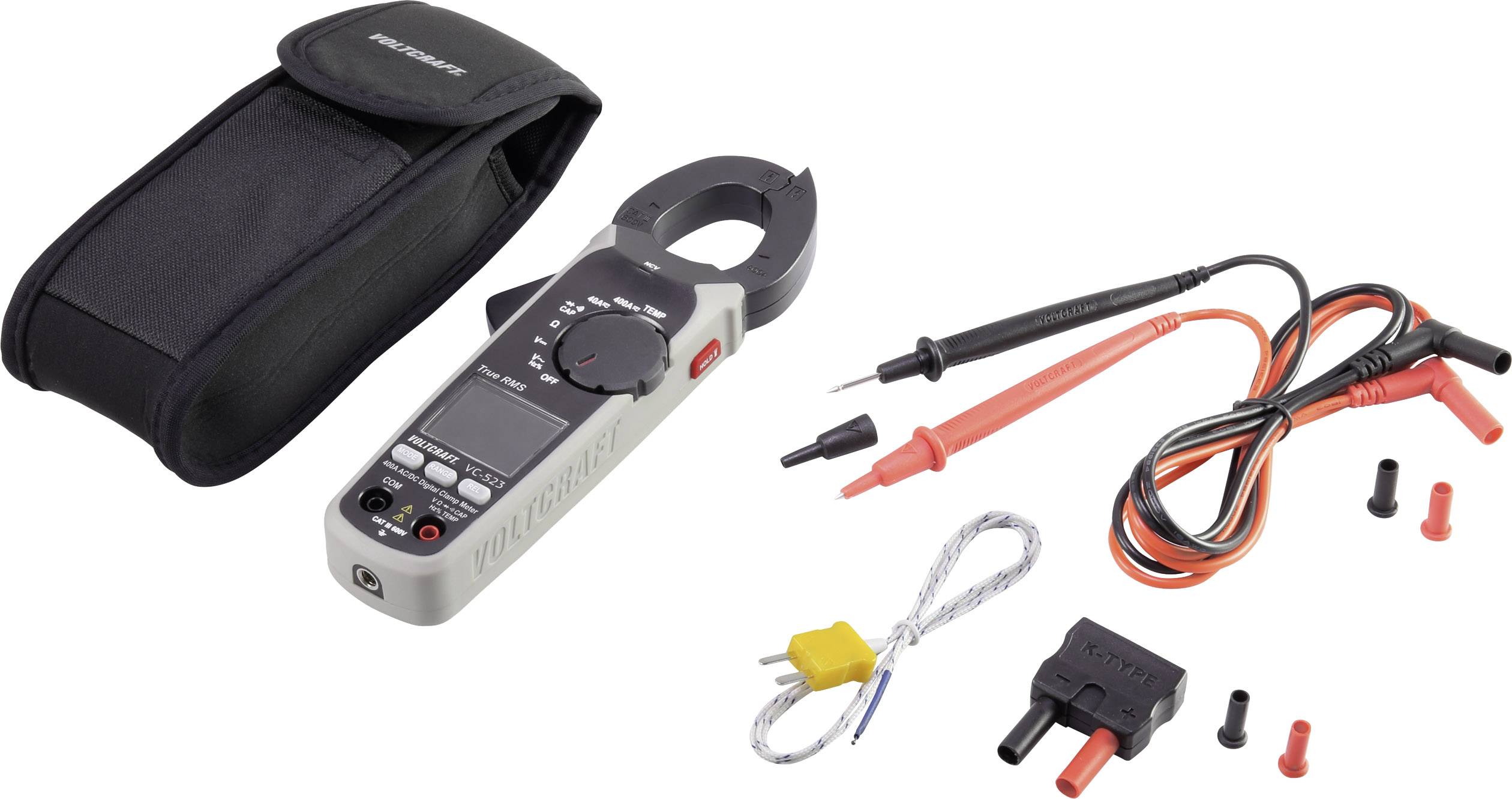 Un multimètre numérique à pince avec écran, entouré d'accessoires tels que des câbles de mesure, des pinces et un étui. Idéal pour les mesures électriques.