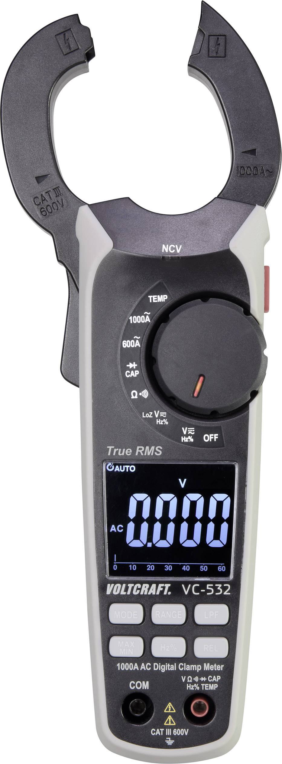 Un multimètre numérique à pince, modèle Voltcraft VC-532, affiche une valeur de mesure de 0,000 volt. Il est équipé d'un grand bouton rotatif pour le réglage.