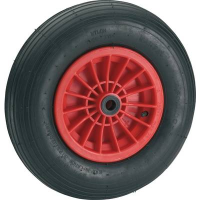 Roue noire avec jante rouge, design typique pour brouettes ou chariots à main.
