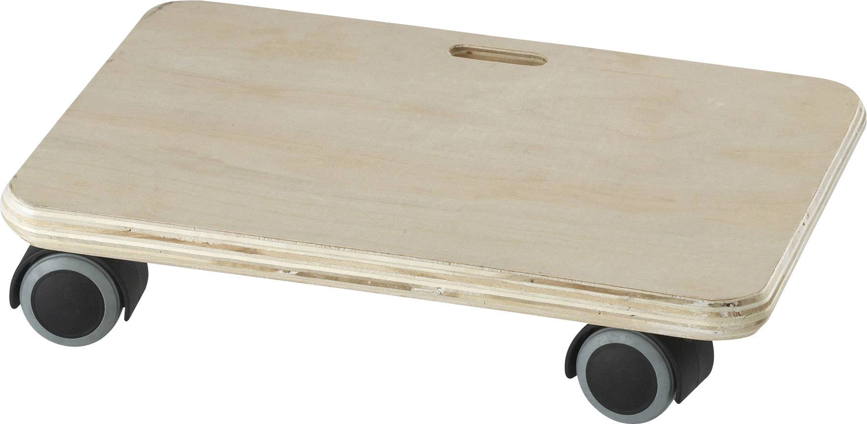 Chariot à meubles en bois à quatre roues noires, avec un plateau rectangulaire en bois aux coins arrondis et une poignée de transport en haut, destiné au déplacement d'objets.