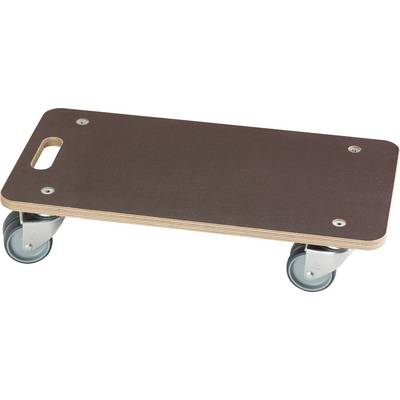 Une plateforme de transport à roulettes avec quatre roues et un trou de préhension. Elle est fabriquée en bois et est conçue pour le transport d'objets lourds.