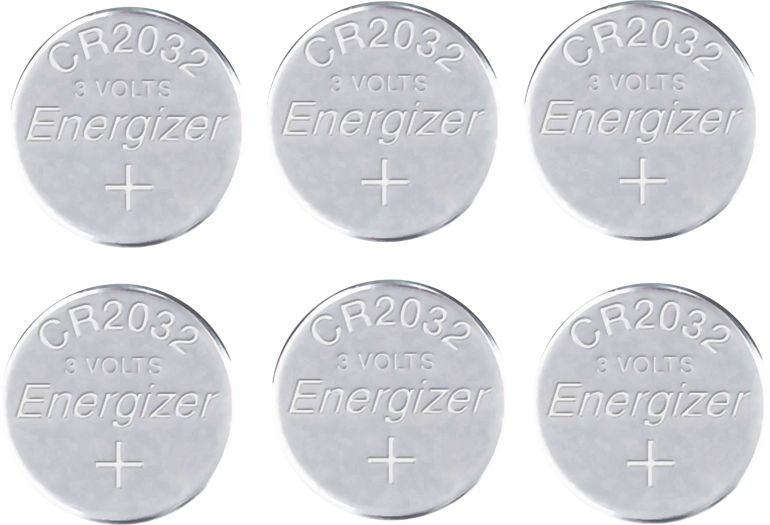 Six piles CR2032 circulaires d'Energizer, 3 volts.