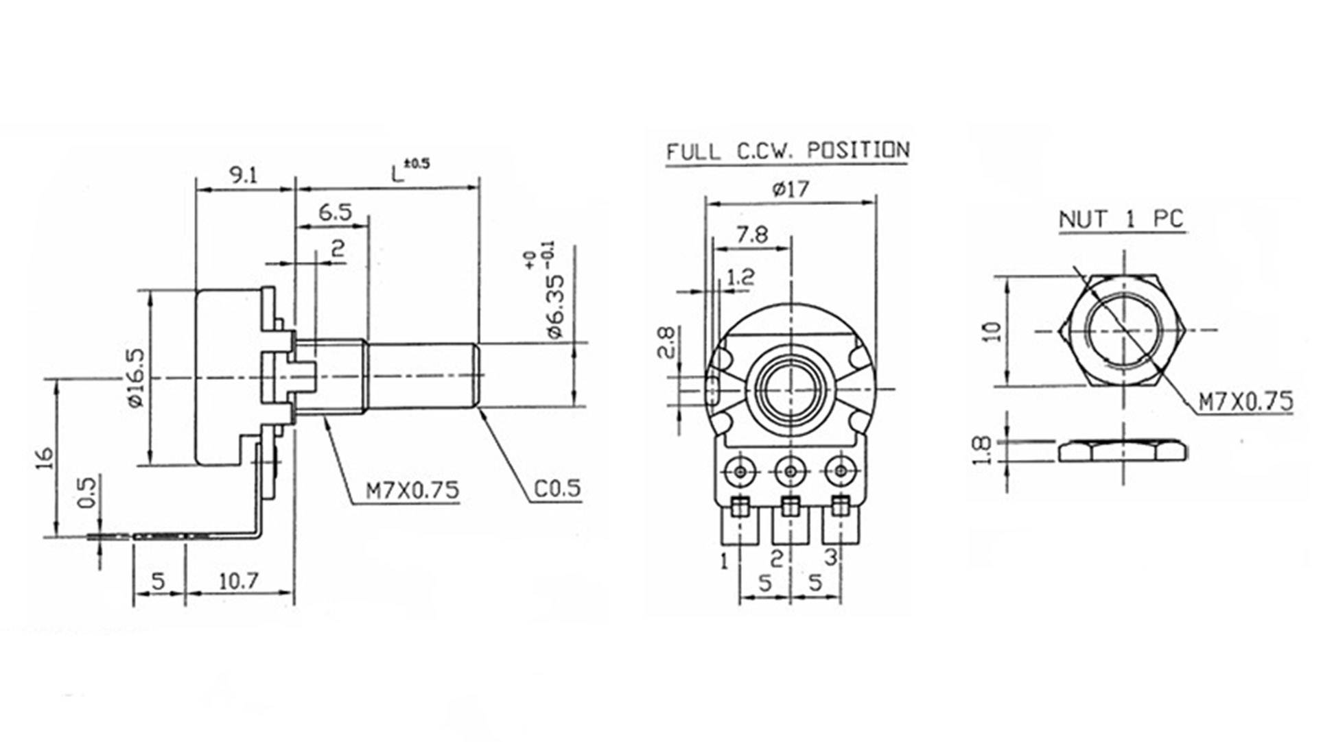 Dessin technique d'un potentiomètre avec dimensions et indications spécifiques des composants, tels que le filetage M7x0,75 et l'écrou.