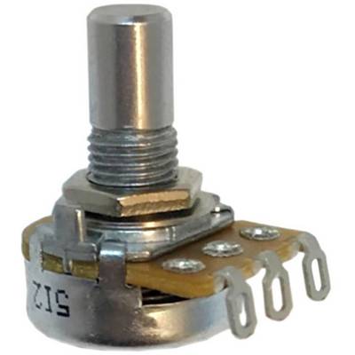 Un potentiomètre métallique avec un bouton rotatif cylindrique et trois bornes en bas. Fréquemment utilisé pour contrôler des signaux électriques.