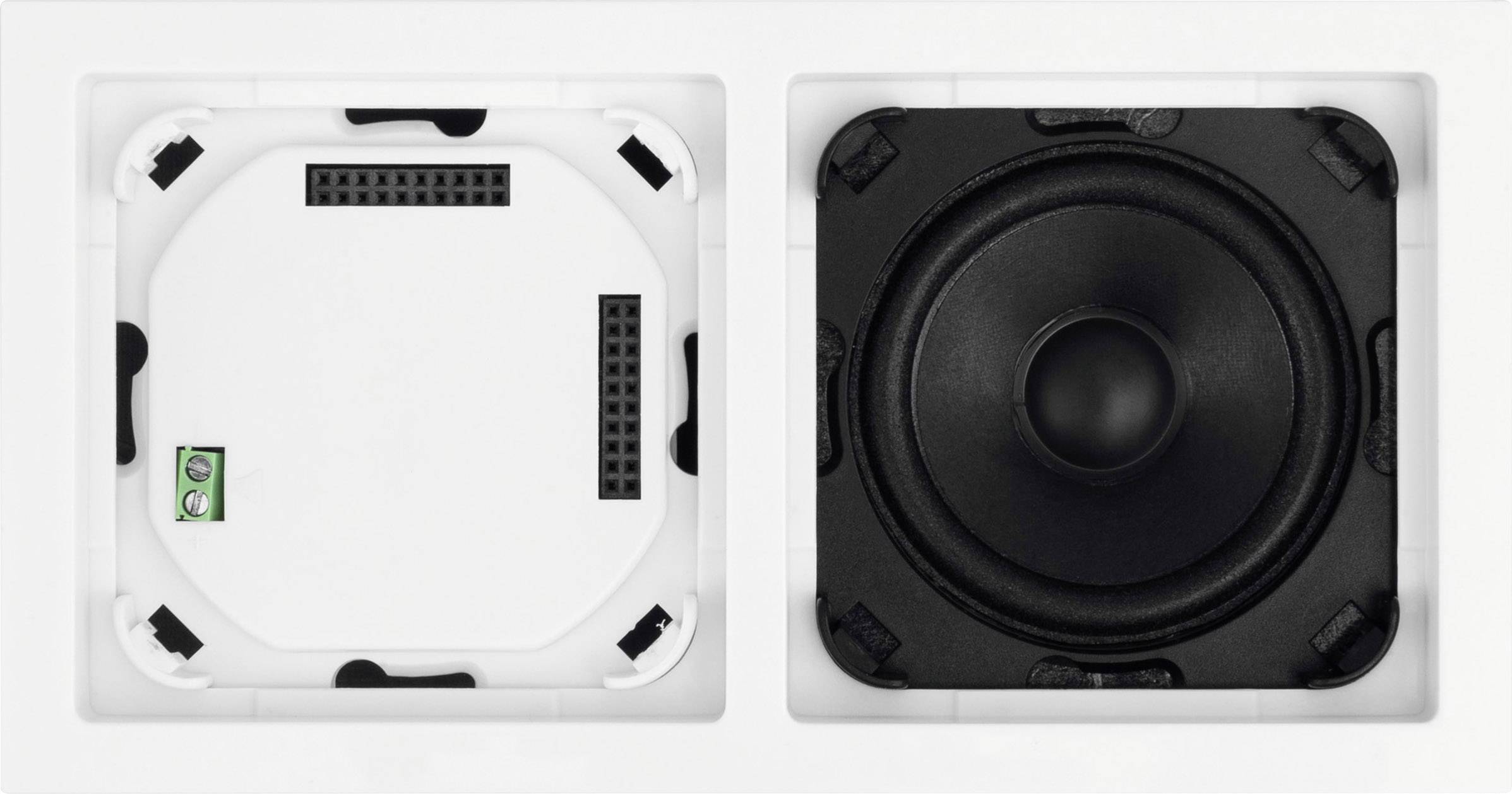 Haut-parleur carré, face avant et arrière. La face avant montre le haut-parleur, la face arrière le panneau de connexion pour les câbles.