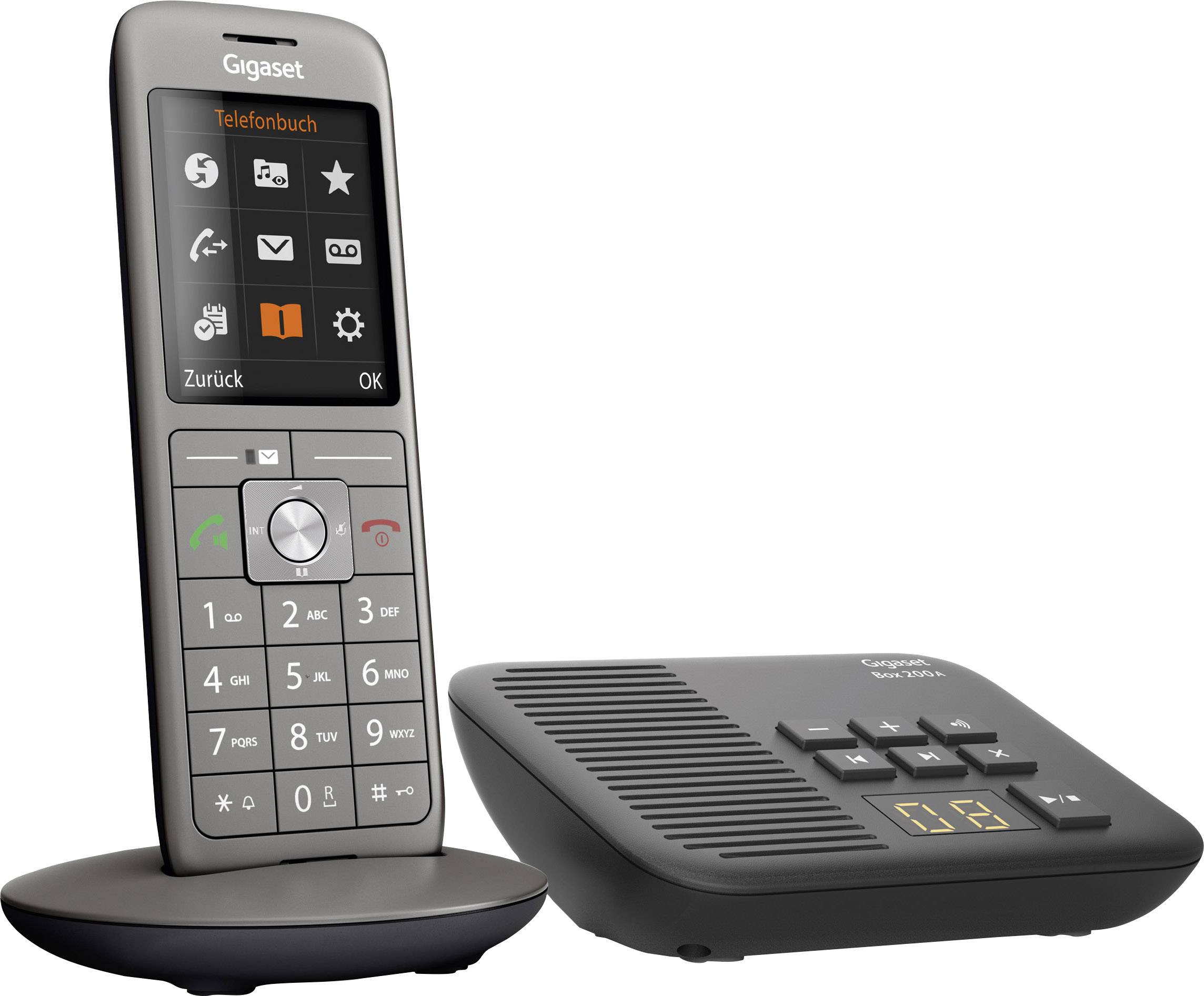 Téléphone sans fil avec station de base, design noir, écran rétroéclairé avec des symboles tels que le répertoire téléphonique et l'indicateur de messages.