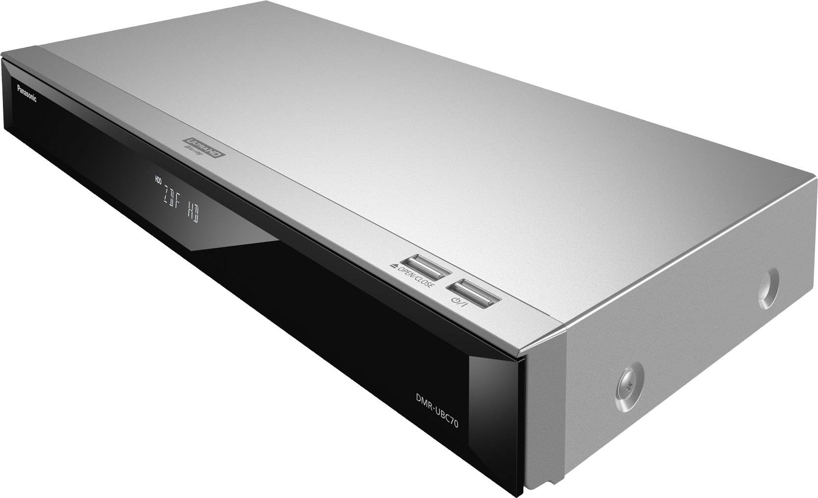 Un lecteur Blu-ray argenté avec façade noire affiche l'heure sur son écran. Des touches et des ports USB sont situés sur la droite.
