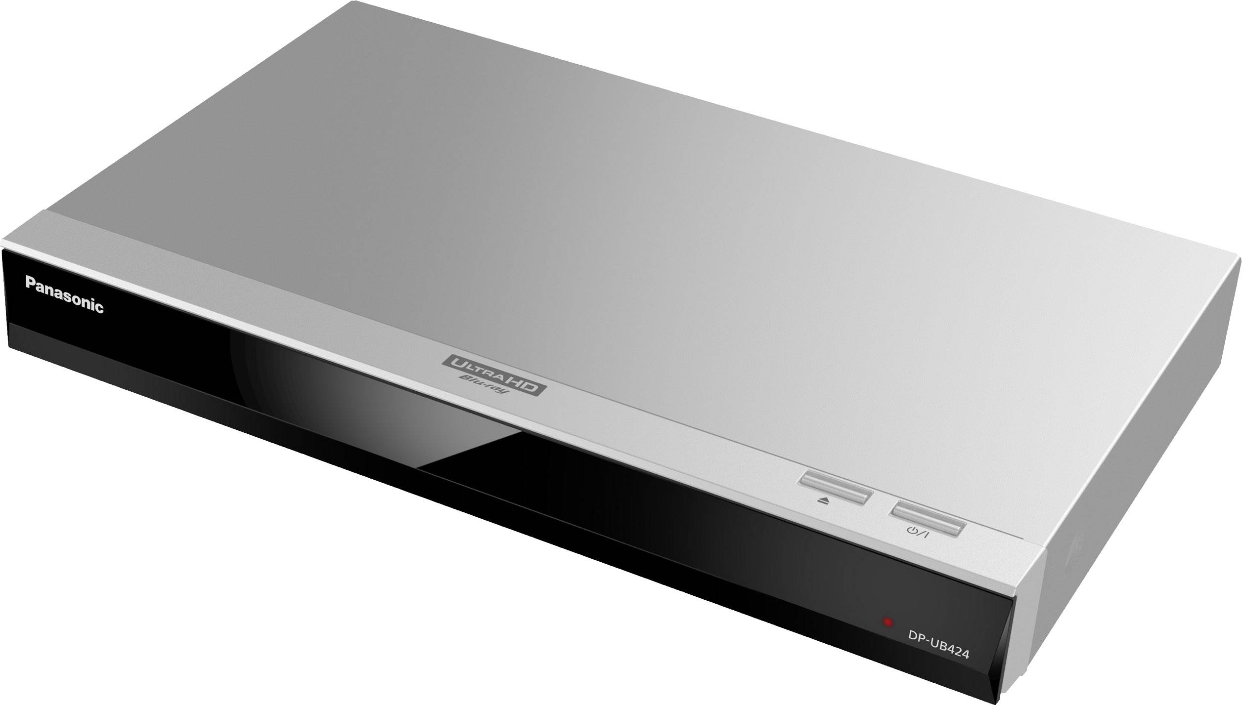Un lecteur Blu-ray moderne et plat de Panasonic avec un boîtier argenté et un devant noir, conçu pour les systèmes home-cinéma.