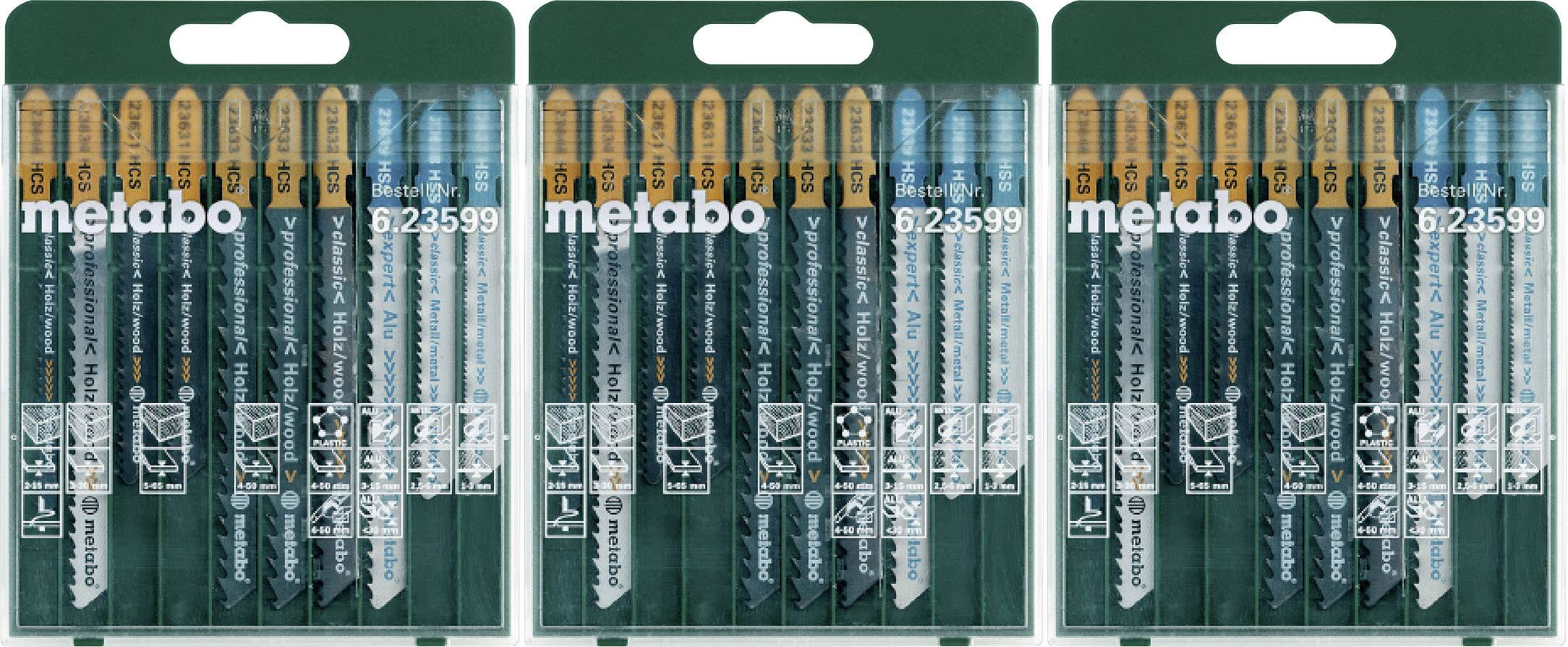 Trois boîtes de lames de scie sauteuse Metabo, contenant chacune six lames, avec différentes dentures pour le bois et le métal, montées sur un carton vert.
