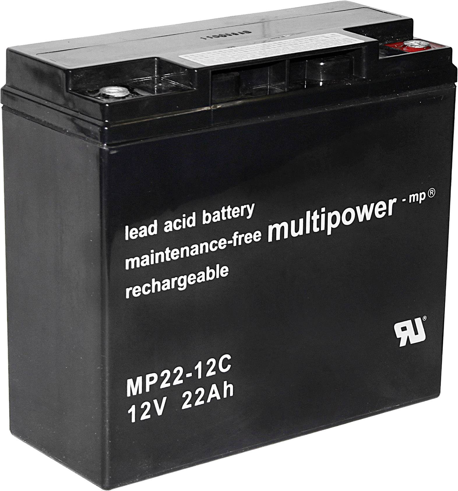 Batterie au plomb acide noire avec l'inscription : batterie au plomb, sans entretien, multipower, 12V, 22Ah.
