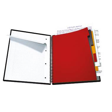 Un bloc-notes à spirales ouvert avec des pages quadrillées et des intercalaires de différentes couleurs. Des notes sont visibles en arrière-plan.