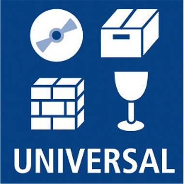Un logo bleu avec 'UNIVERSEL' en bas. En haut, quatre symboles blancs : CD, caisse, bloc de mur, verre de vin. Symbolise la diversité des contenus.