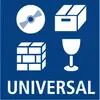 Un logo bleu avec 'UNIVERSEL' en bas. En haut, quatre symboles blancs : CD, caisse, bloc de mur, verre de vin. Symbolise la diversité des contenus.