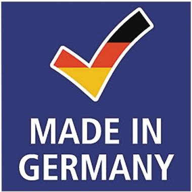 Un carré bleu avec le texte 'Made in Germany' et une coche dans les couleurs du drapeau allemand.