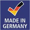 Un carré bleu avec le texte 'Made in Germany' et une coche dans les couleurs du drapeau allemand.