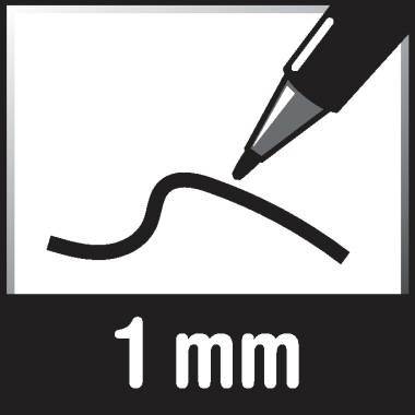 Une ligne noire, tracée par un stylo sur un fond blanc ; texte en bas : '1 mm'.