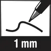Une ligne noire, tracée par un stylo sur un fond blanc ; texte en bas : '1 mm'.