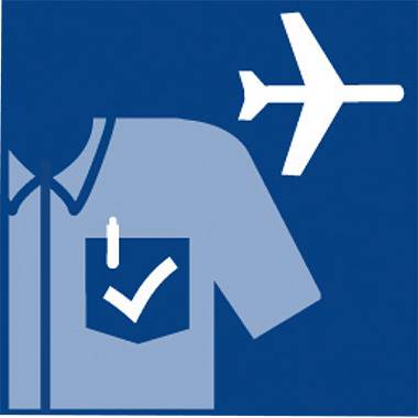 Symbole bleu : Chemise avec une coche dans la poche et un avion en arrière-plan, indiquant des services aéroportuaires.