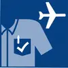 Symbole bleu : Chemise avec une coche dans la poche et un avion en arrière-plan, indiquant des services aéroportuaires.