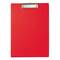 Porte-bloc rouge en plastique avec agrafe métallique argentée sur le dessus.