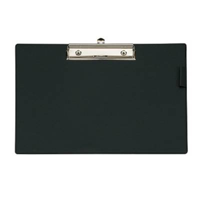 Un porte-bloc simple en noir avec un clip métallique en haut.