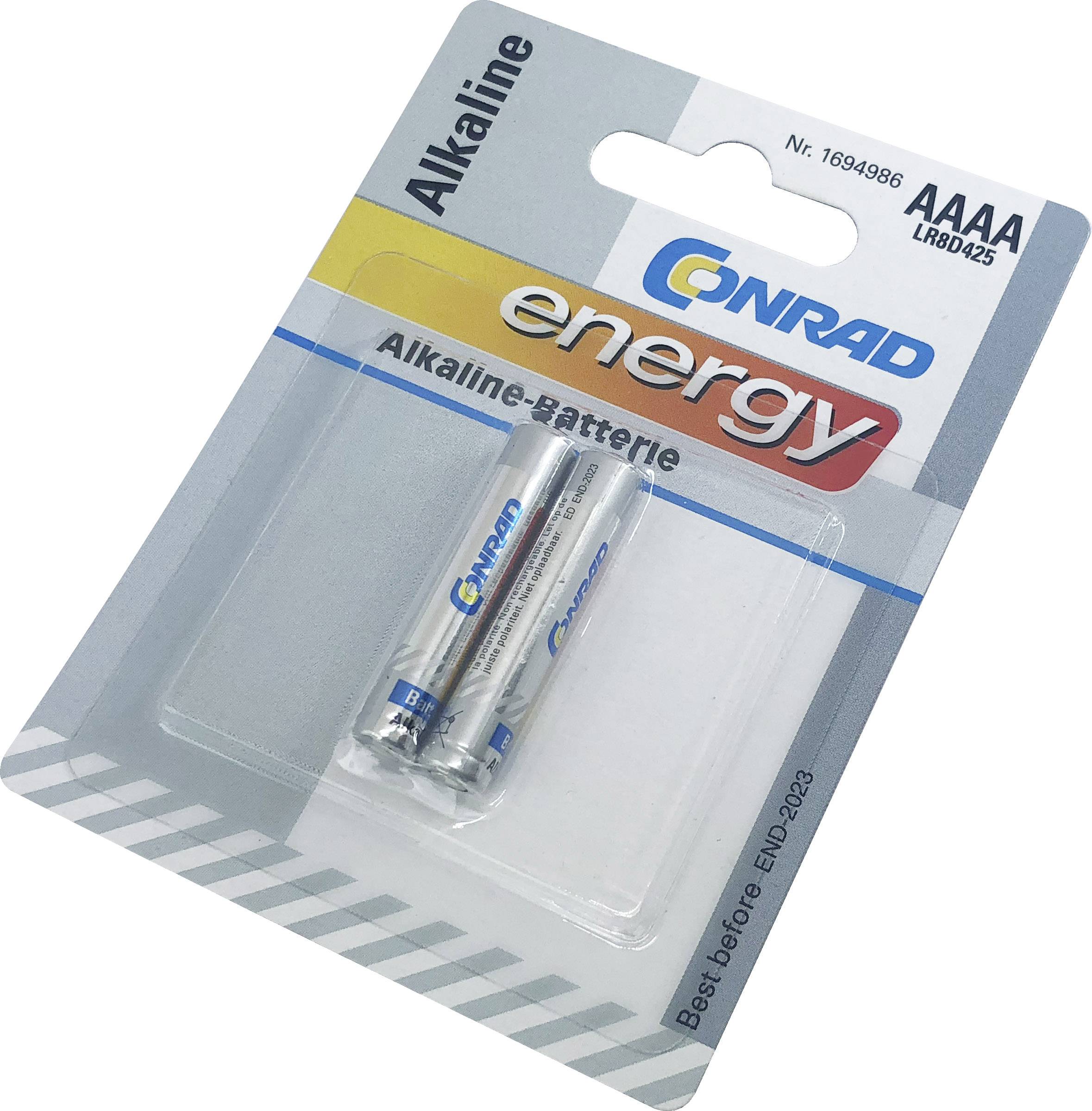 Deux piles alcalines AAAA dans un emballage Conrad avec le logo rouge 'energy'. Date de péremption : fin 2023.