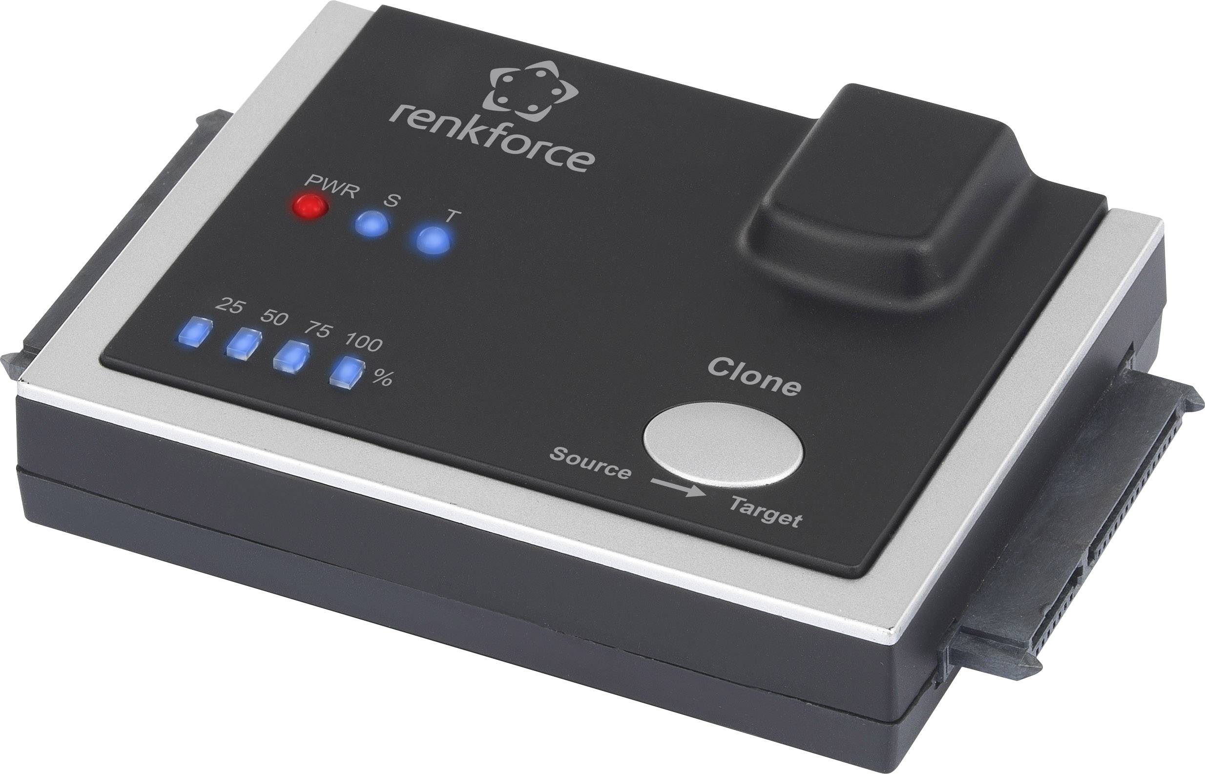 Un périphérique de stockage clonable de Renkforce avec des voyants LED indiquant la progression et des touches permettant de sélectionner la source et la destination.