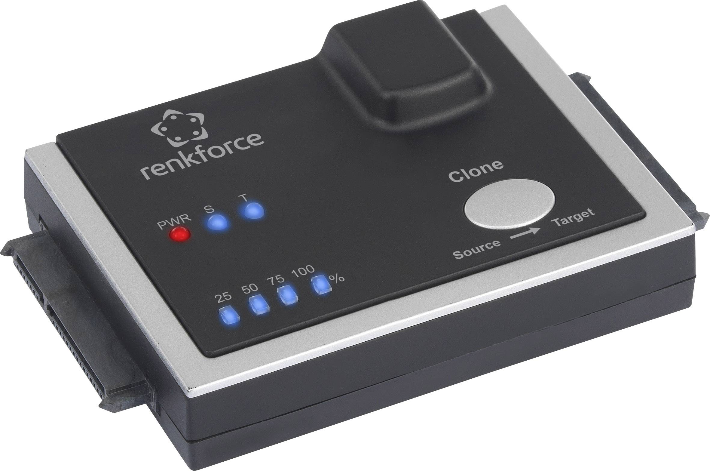 Périphérique externe de duplication de disque dur avec voyants LED d'alimentation, de statut et de progression. Un seul bouton pour le clonage.