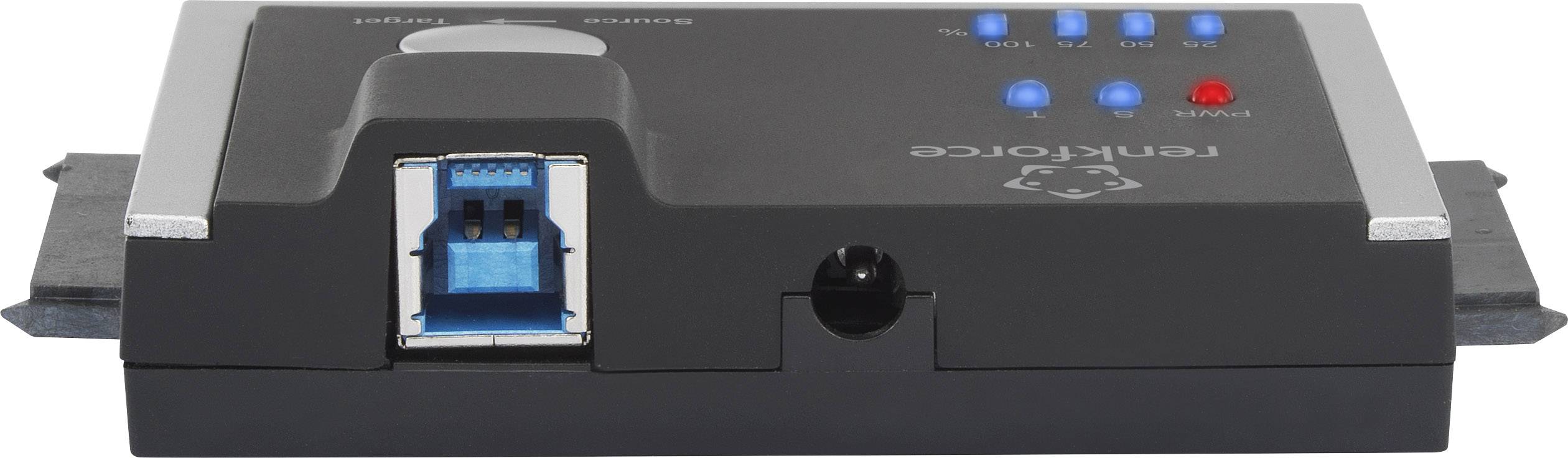 Un adaptateur noir avec un port USB bleu et plusieurs voyants lumineux. Inscription : 'renkforce'.